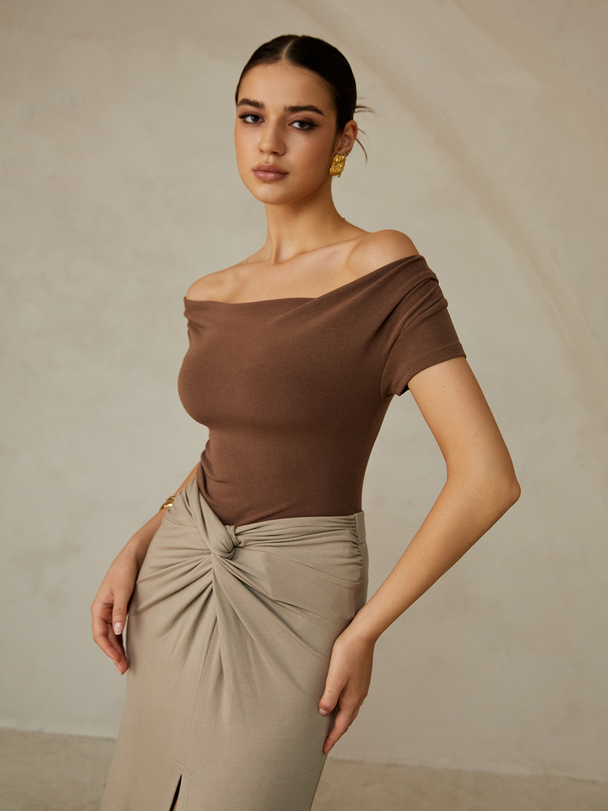 Off-Shoulder Pleated T-Shirt