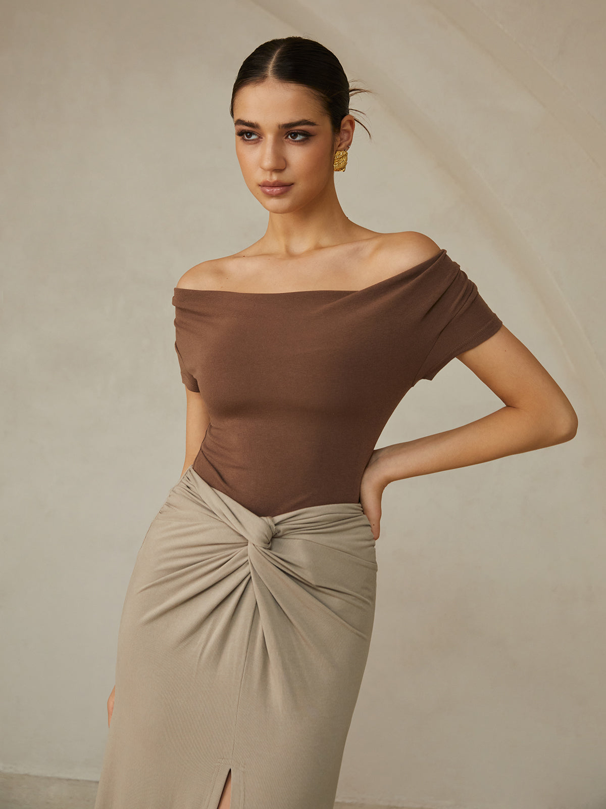 Off-Shoulder Pleated T-Shirt