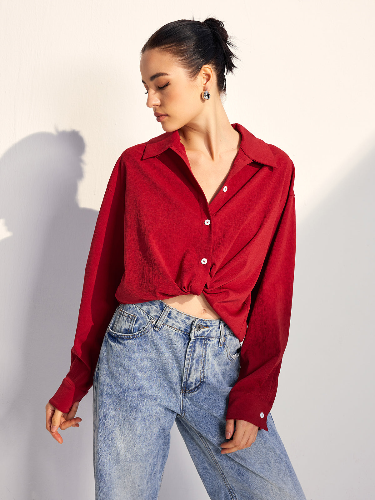 Oversized Solid Lapel Button Draped Shirt