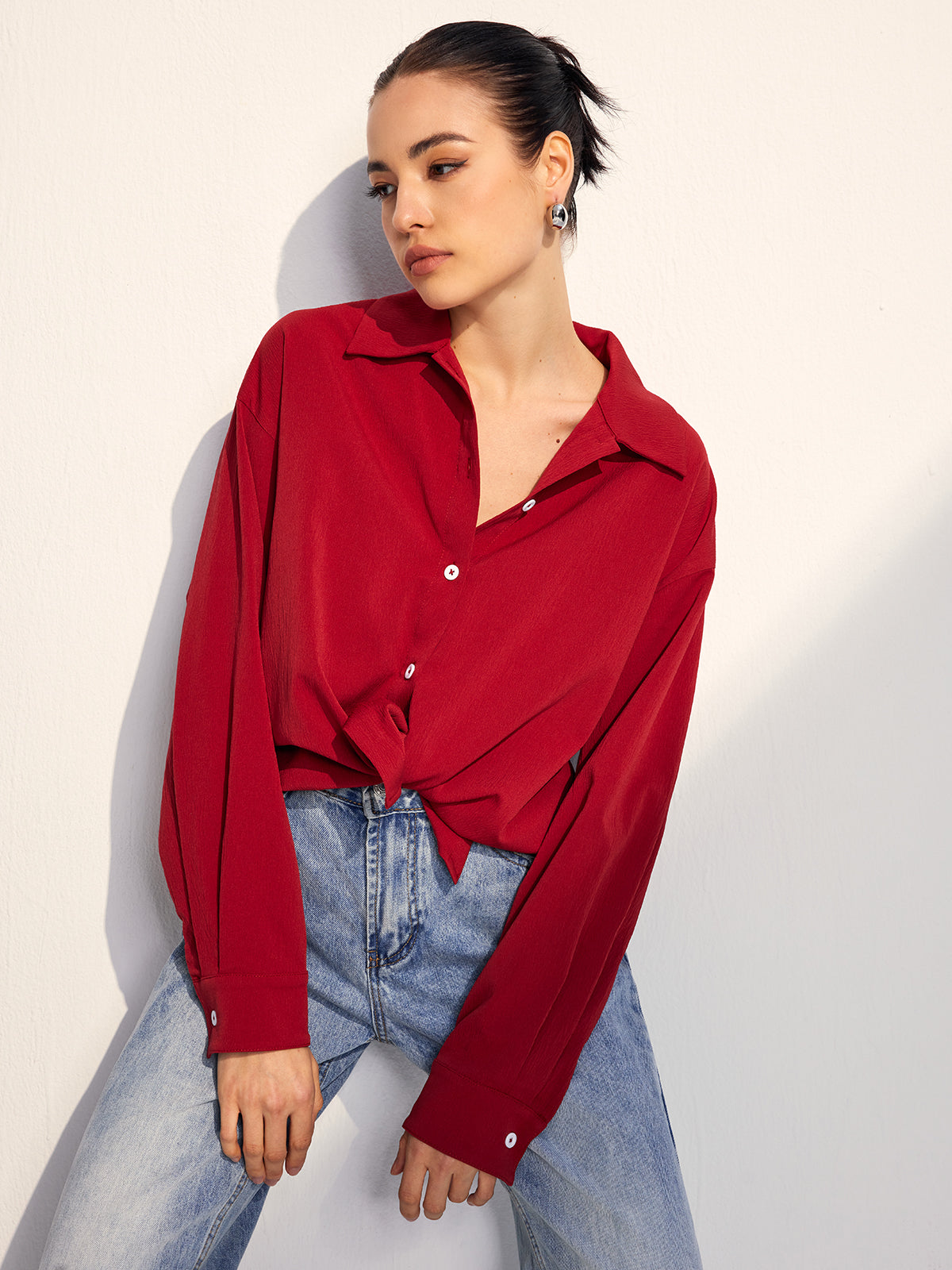 Oversized Solid Lapel Button Draped Shirt