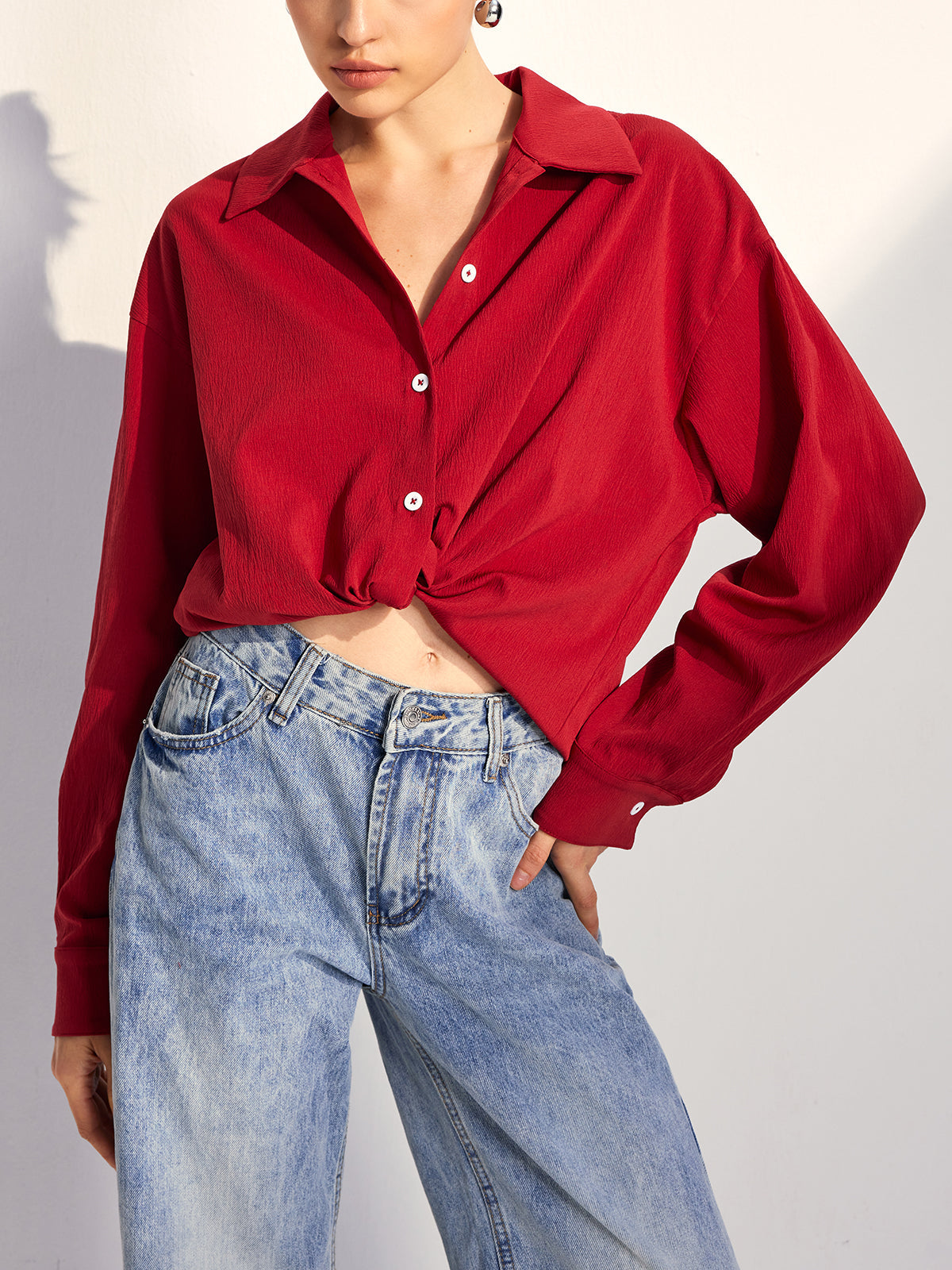 Oversized Solid Lapel Button Draped Shirt