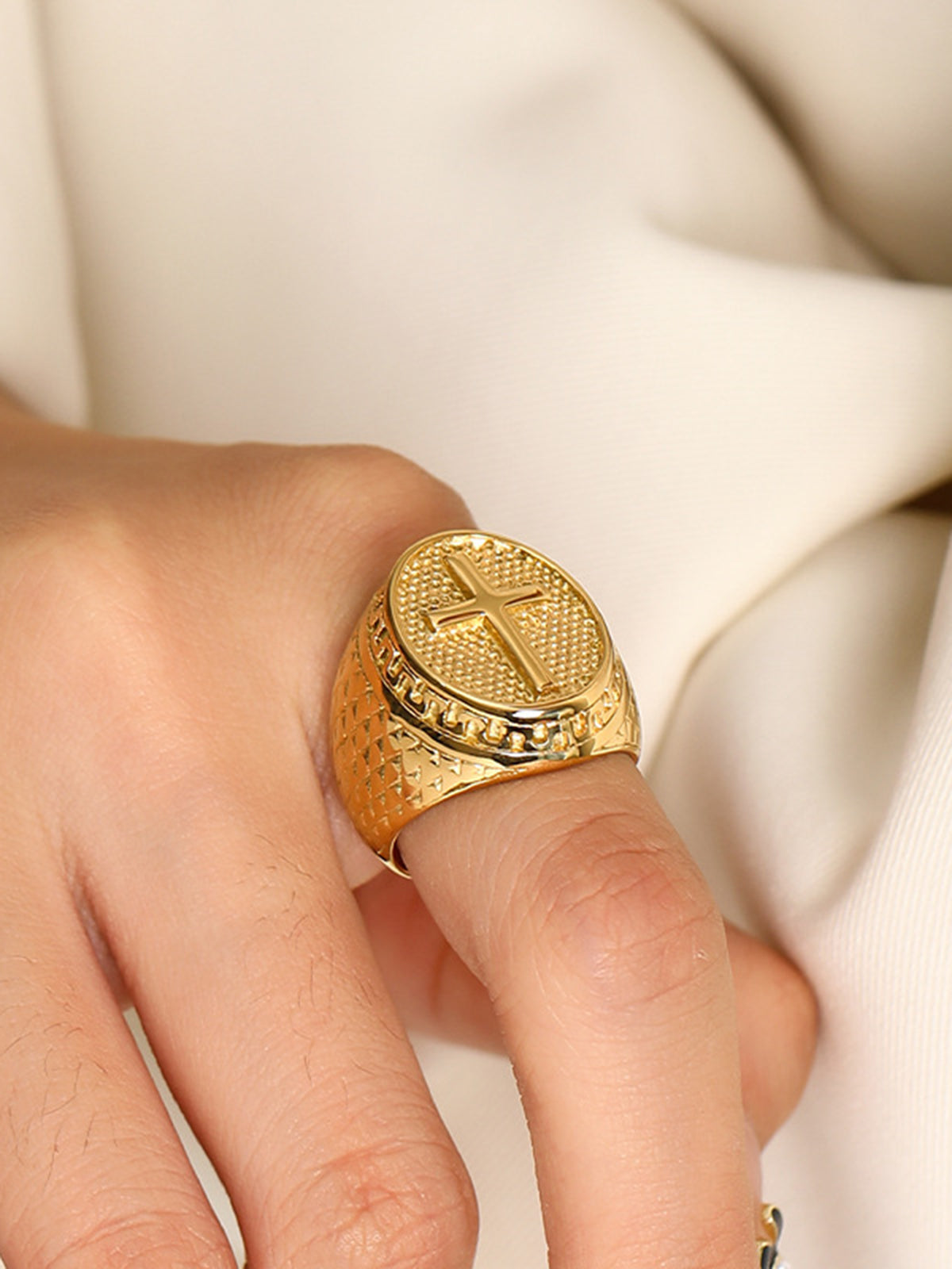 Retro Golden Textured Cross Ring