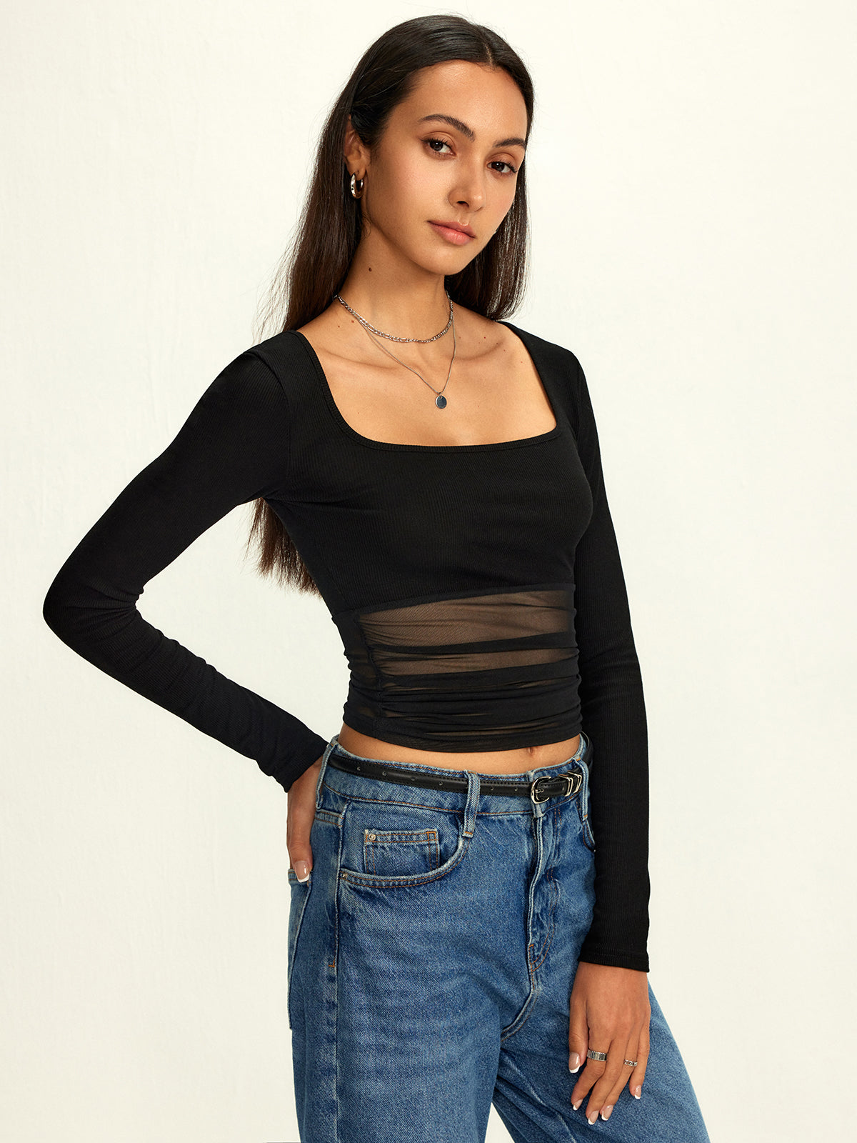 Mesh Square Neck Semi-Sheer T-Shirt