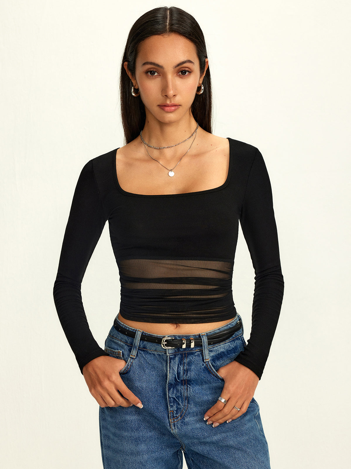 Mesh Square Neck Semi-Sheer T-Shirt