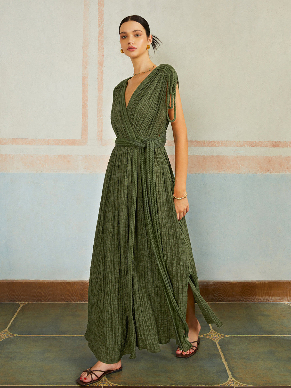 Casual Pleated Belted Long Dress