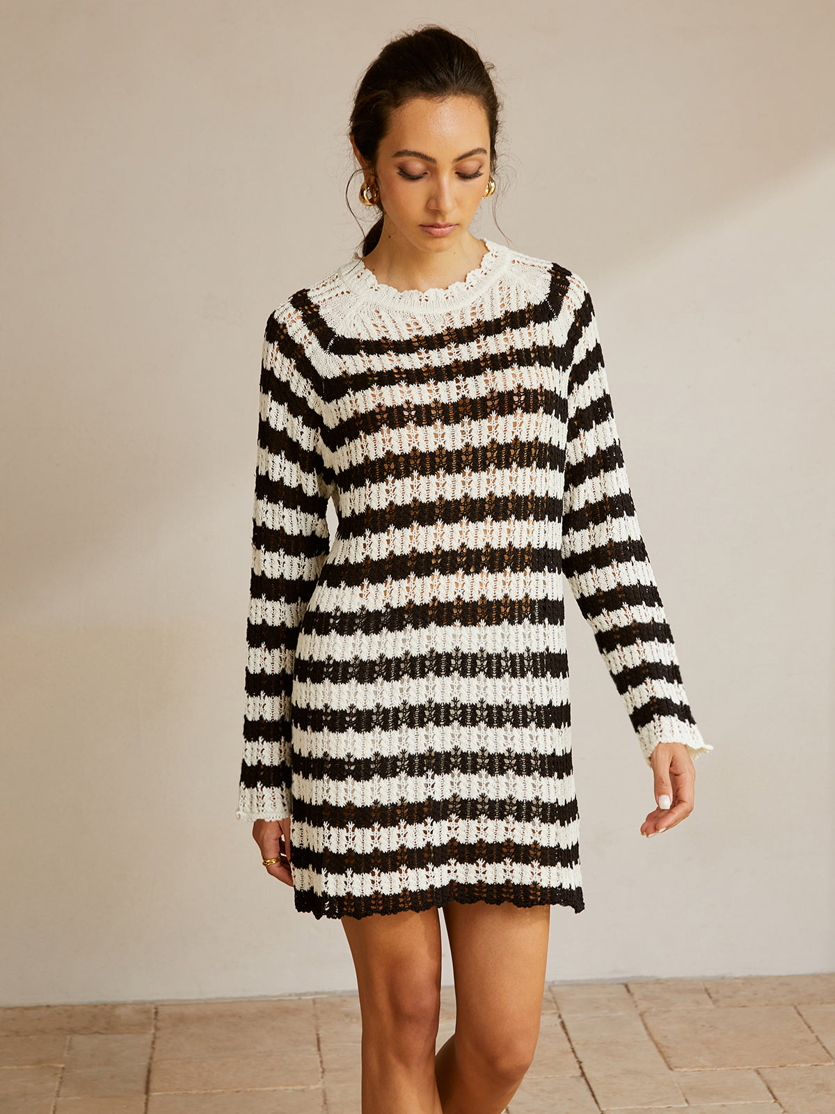 Striped Lettuce Trim Hollow Sweater