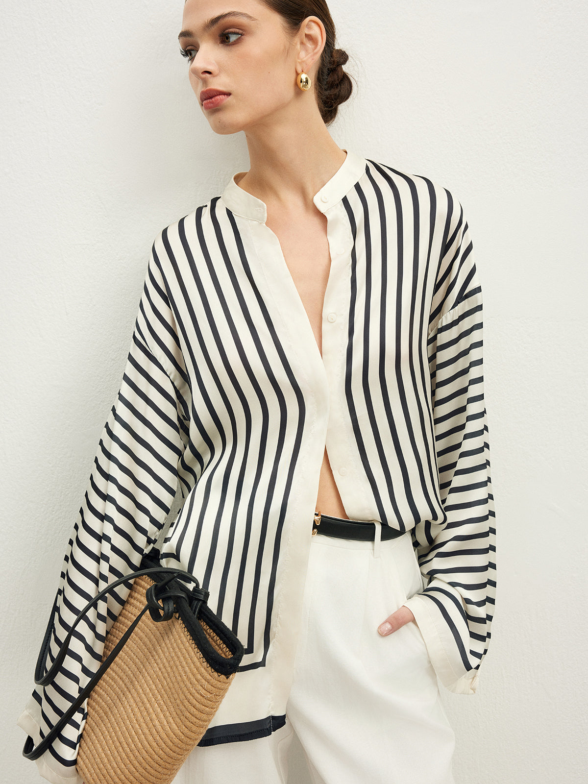 Satin Striped Button Cozy Blouse