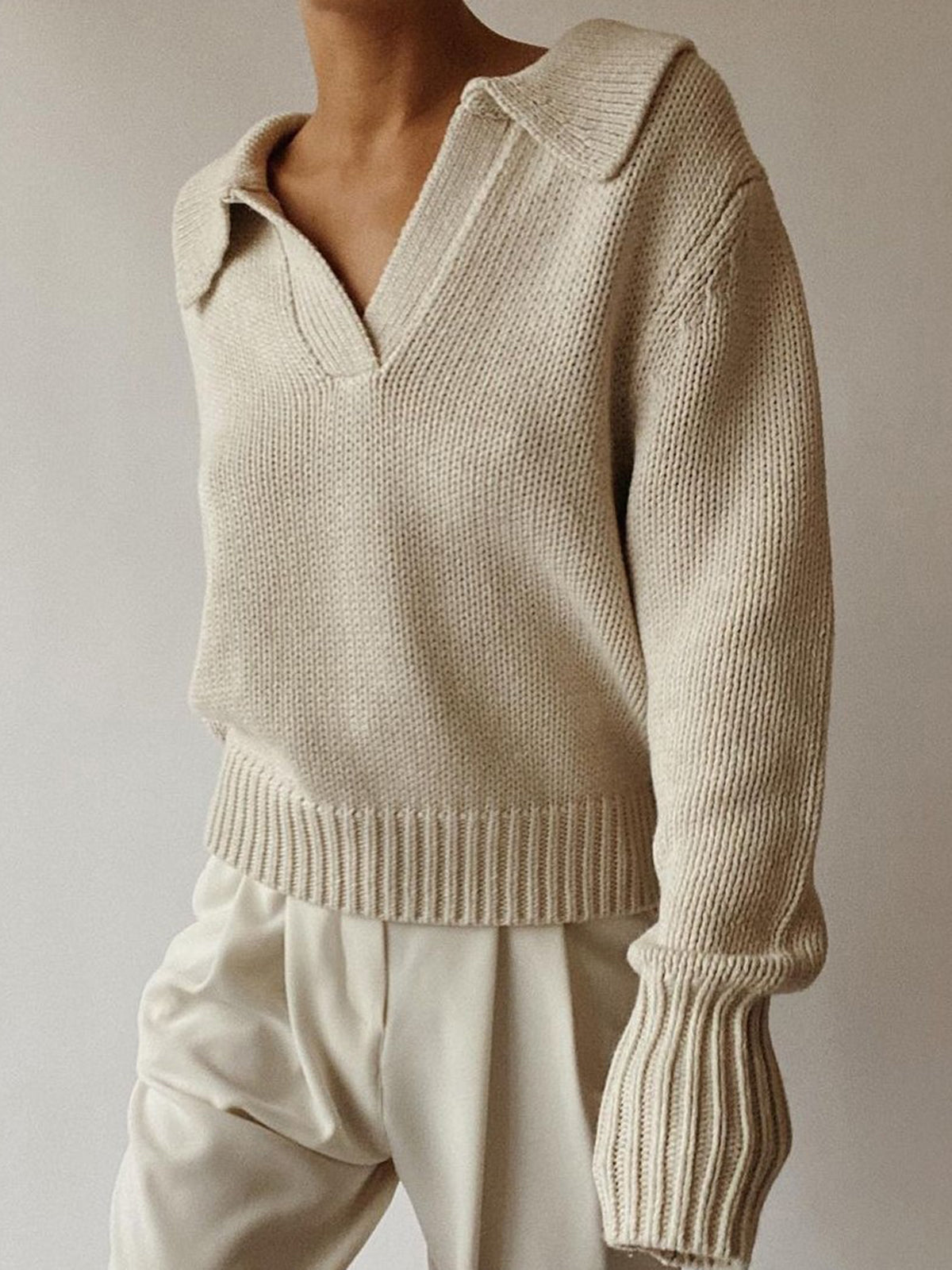 Lapel Ribbed Pullover Sweater