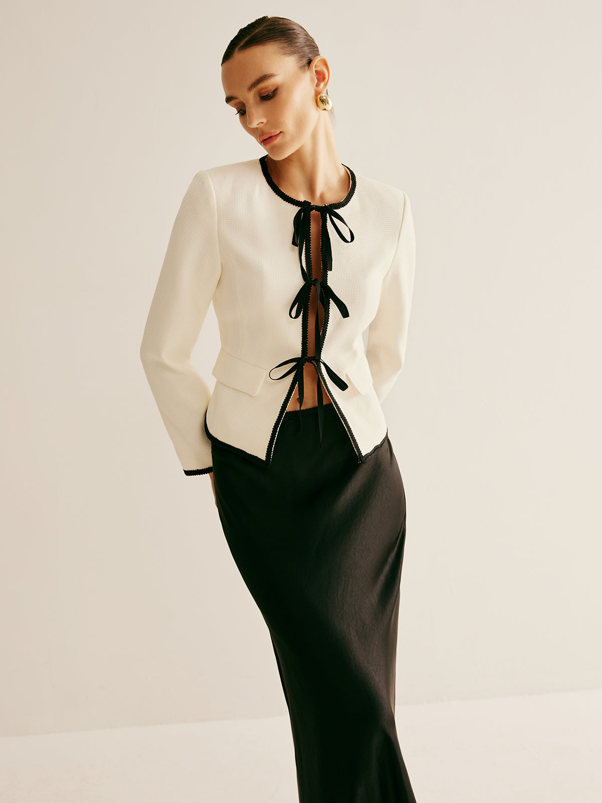 Contrast Trim Tie Front Jacket