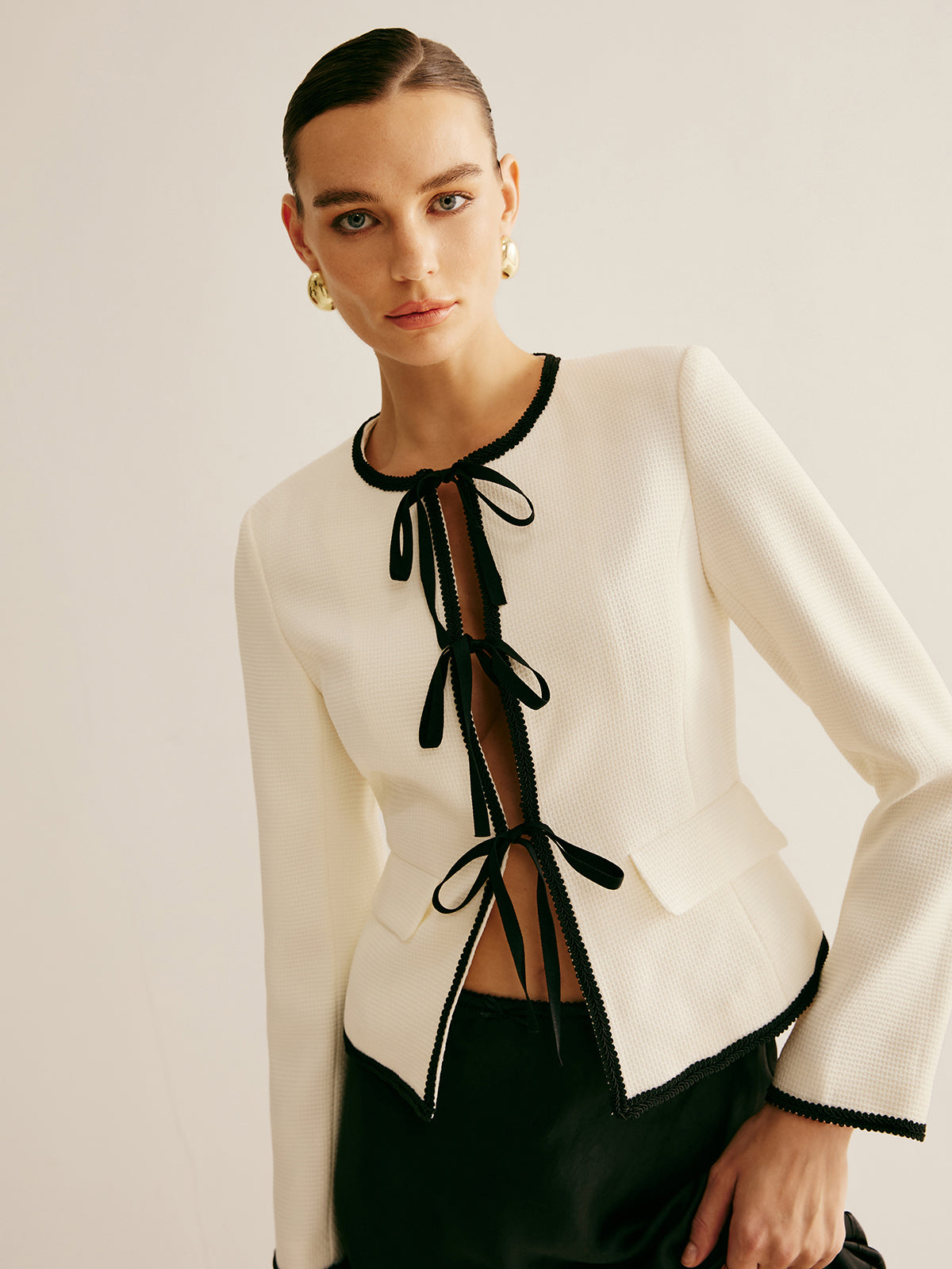 Contrast Trim Tie Front Jacket