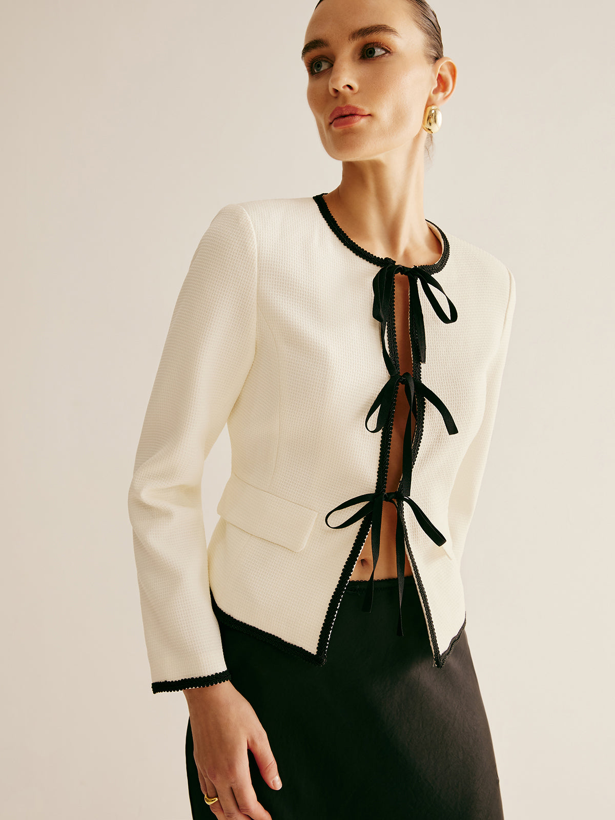 Contrast Trim Tie Front Jacket