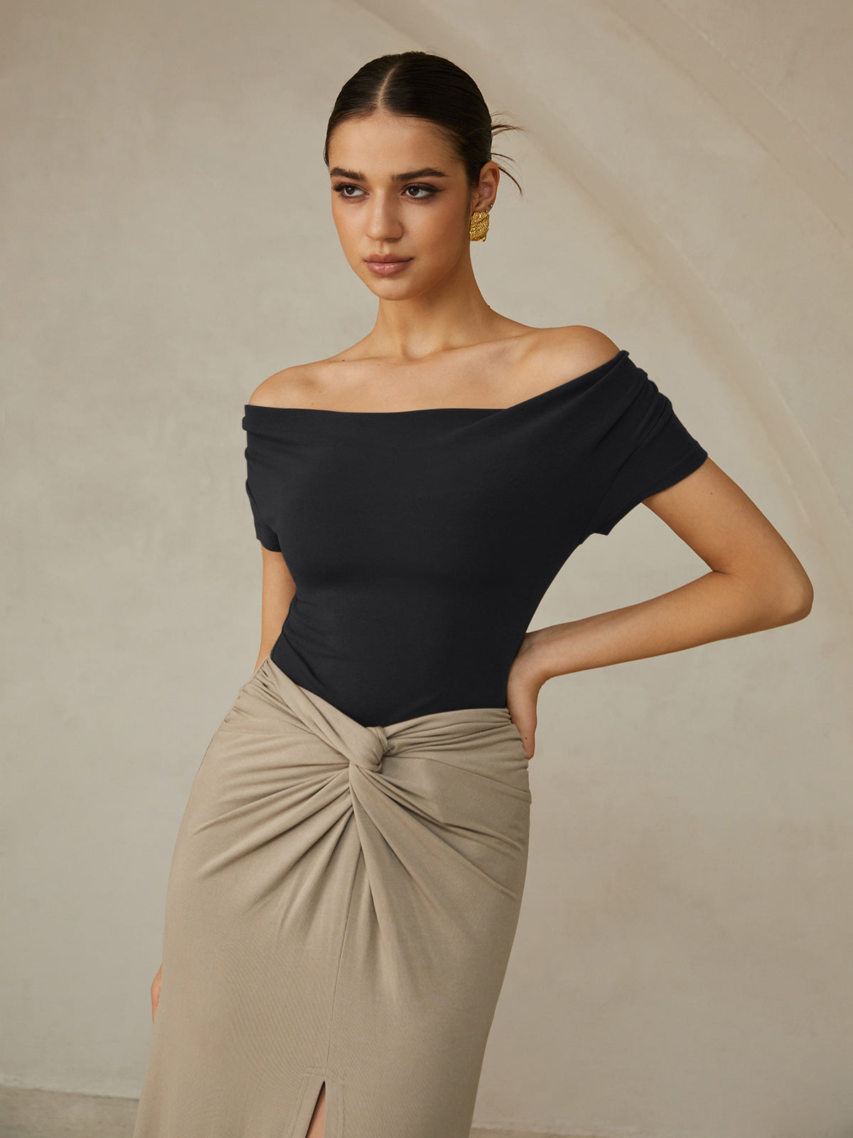 Off-Shoulder Pleated T-Shirt