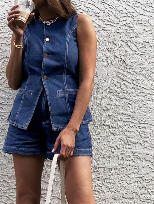 Denim Peplum Vest With Shorts Set