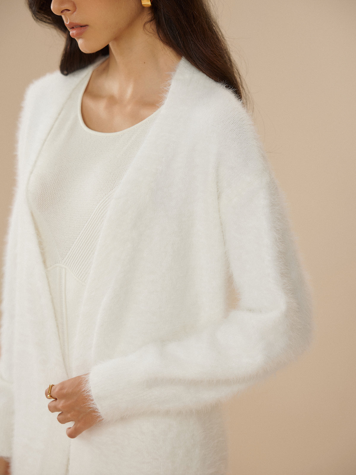 Elegant Fuzzy Plain Belted Cardigan