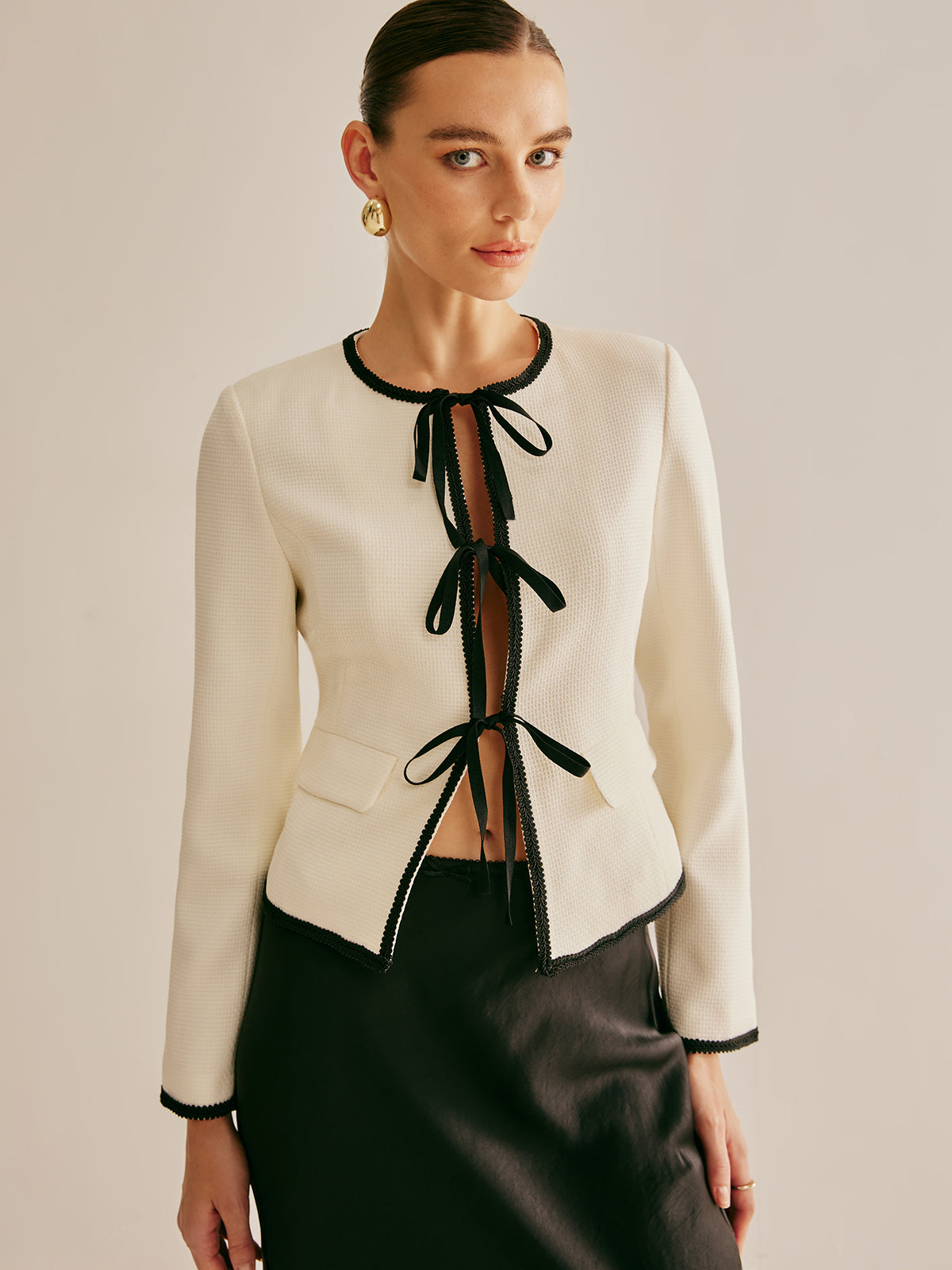 Contrast Trim Tie Front Jacket