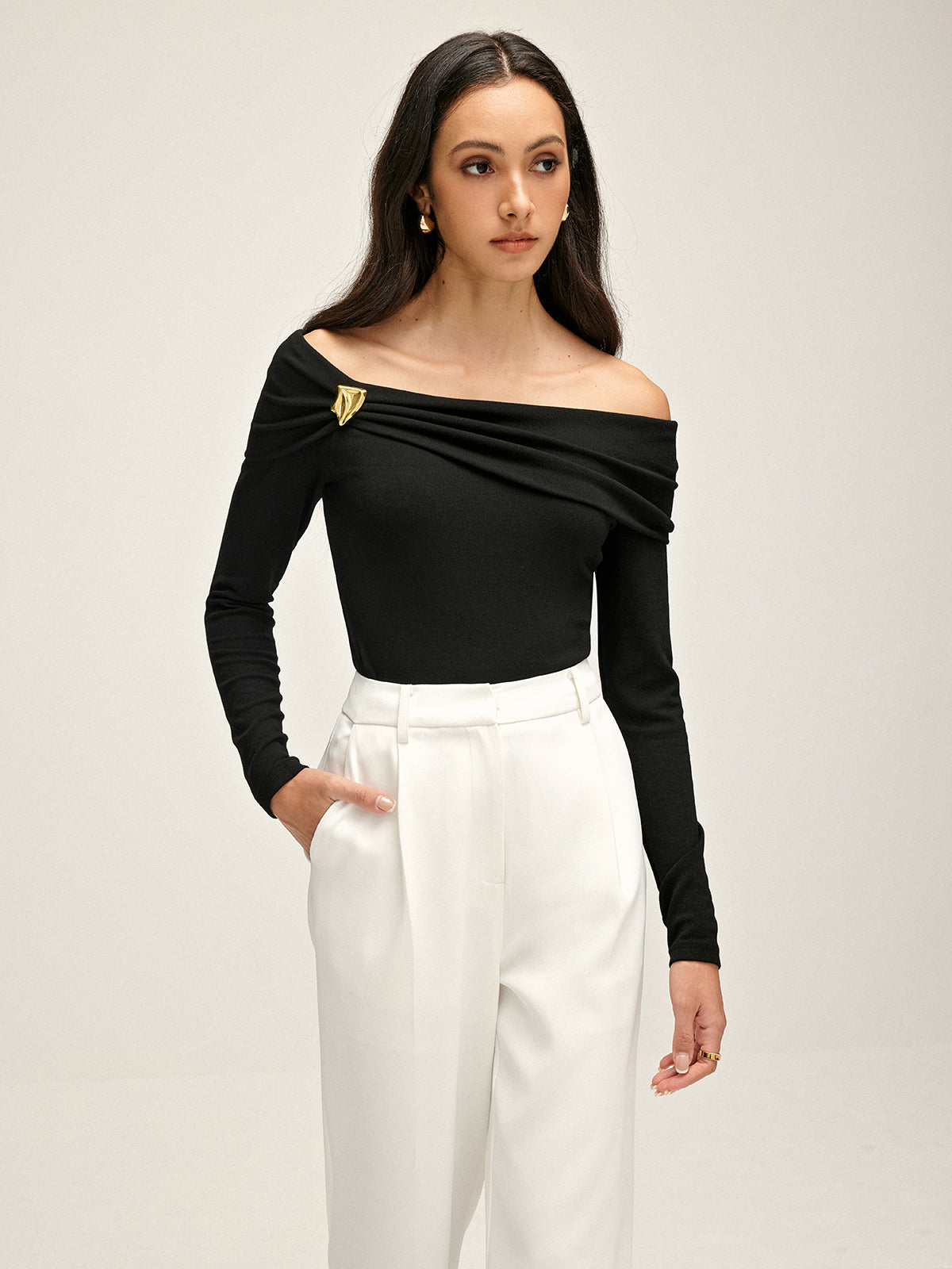 Pleated Off Shoulder T-Shirt