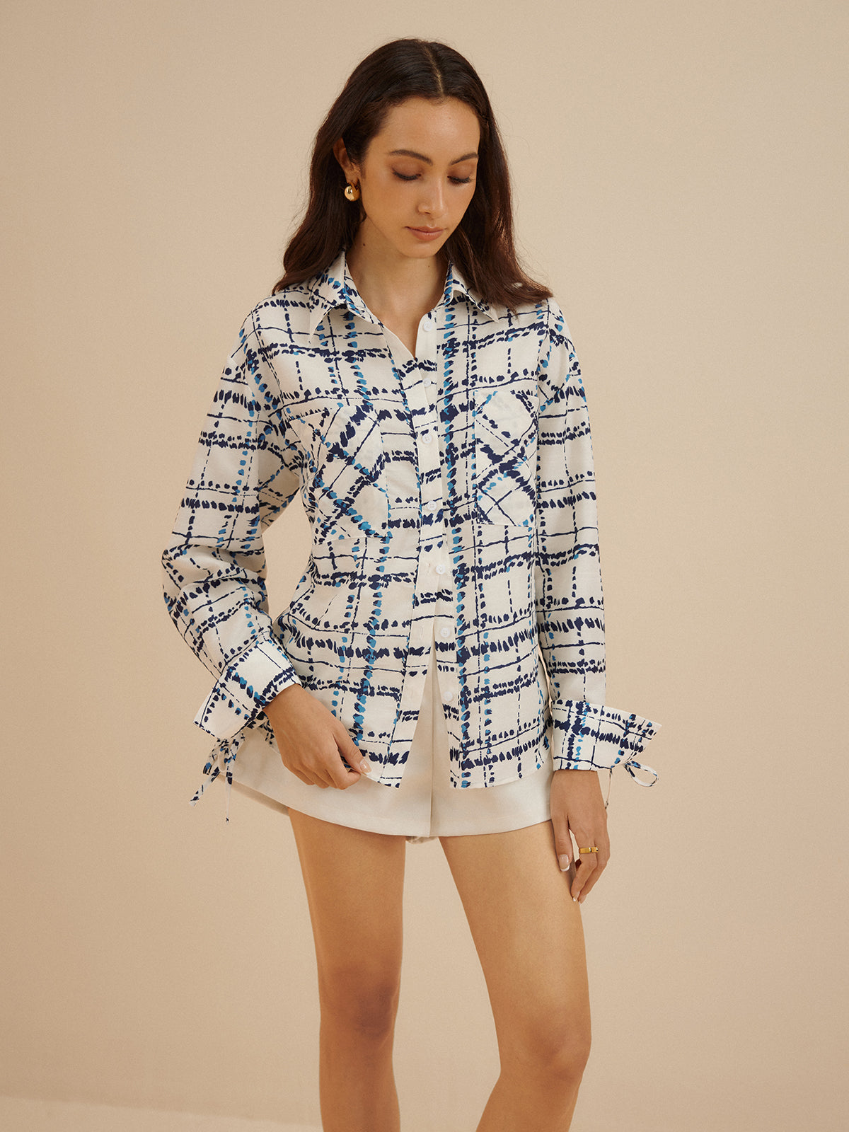 Oversized Lapel Plaid Printed Pockets Shirt