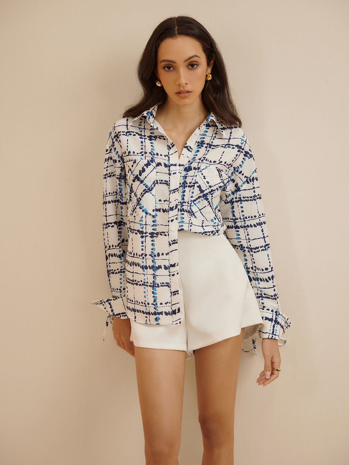 Oversized Lapel Plaid Printed Pockets Shirt