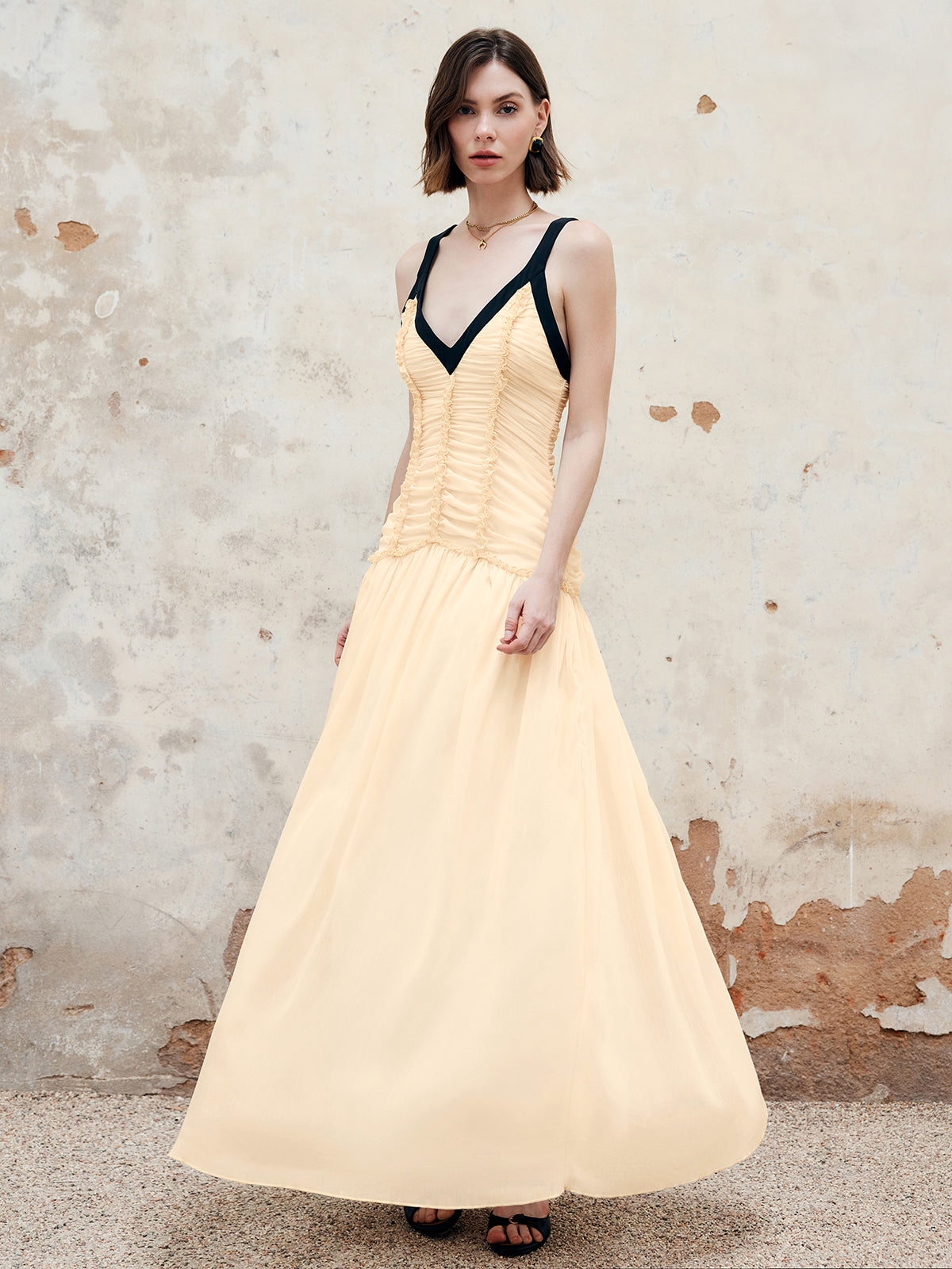 Contrast Binding Pleated Long Dress