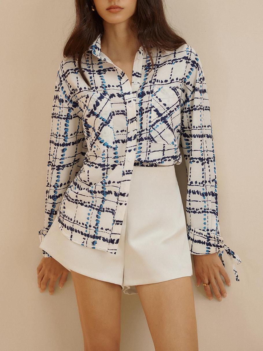 Oversized Lapel Plaid Printed Pockets Shirt