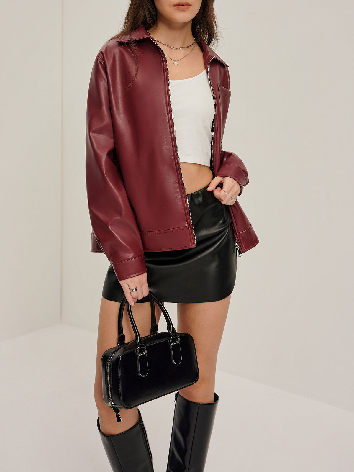 Lapel Zipper Faux Leather Jacket