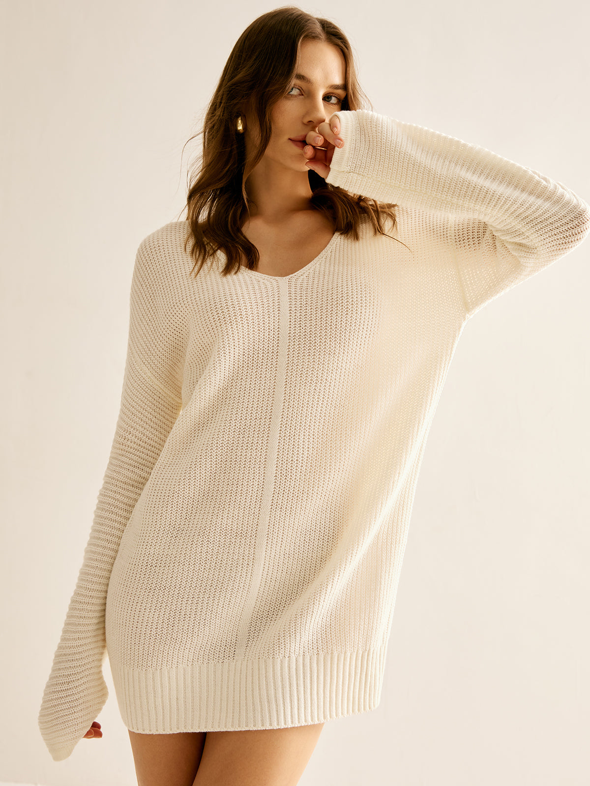 Wool-Blend V-Neck Sweater Dress Without Belt