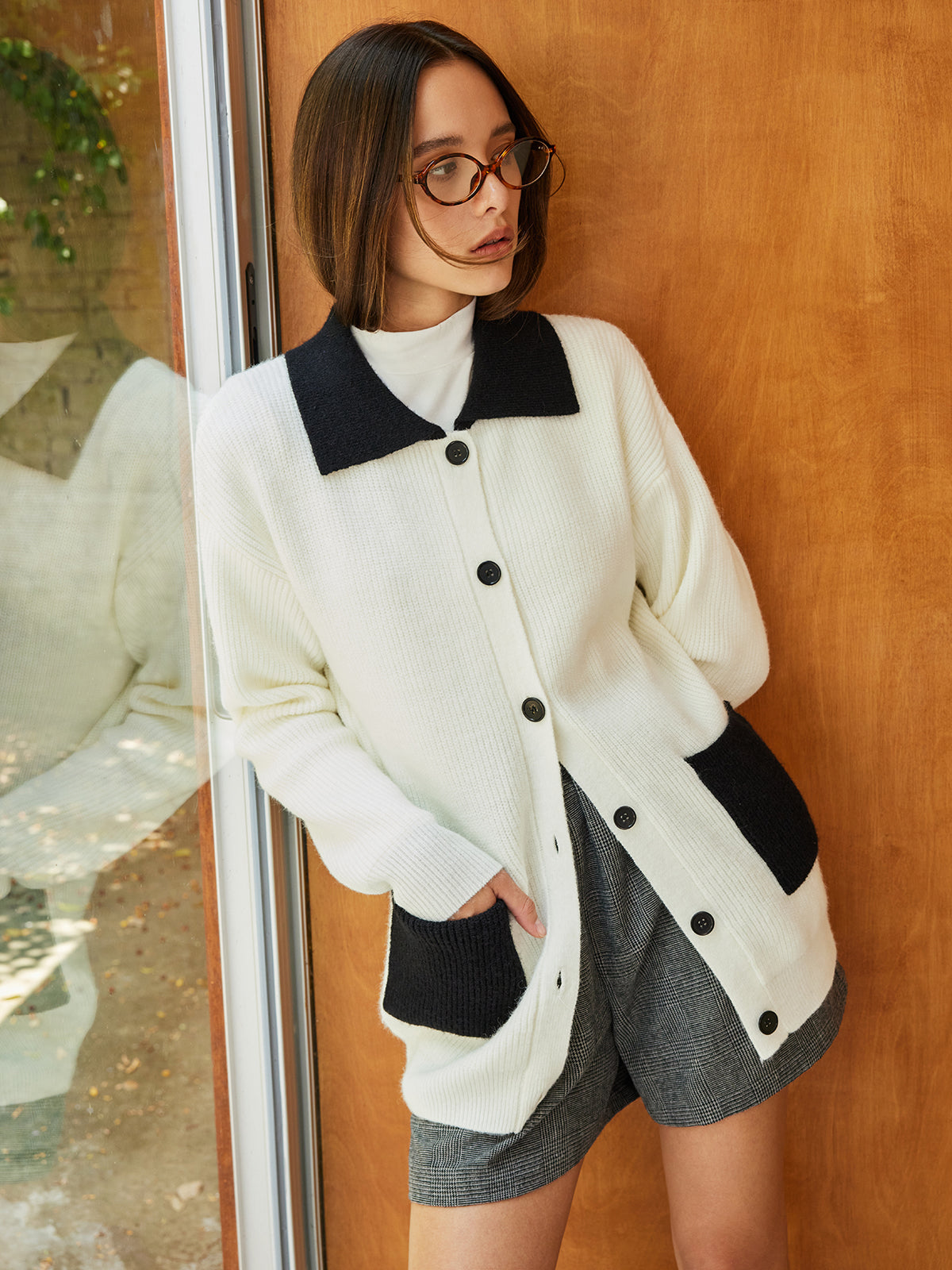 Color Block Lapel Oversized Cardigan