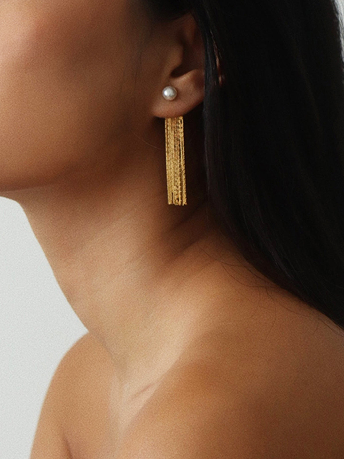 Golden Tassel Pearl Stud Earrings