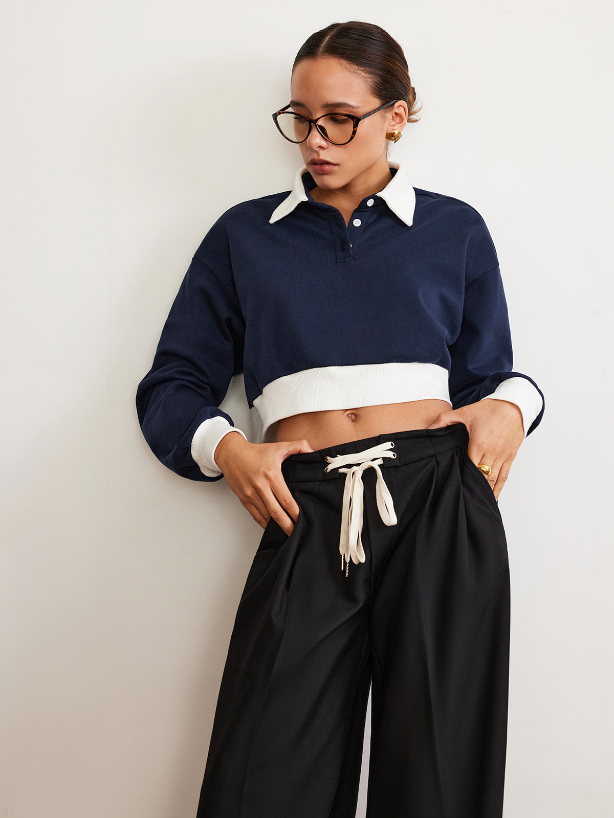 Patchwork Polo Crop Sweatshirt