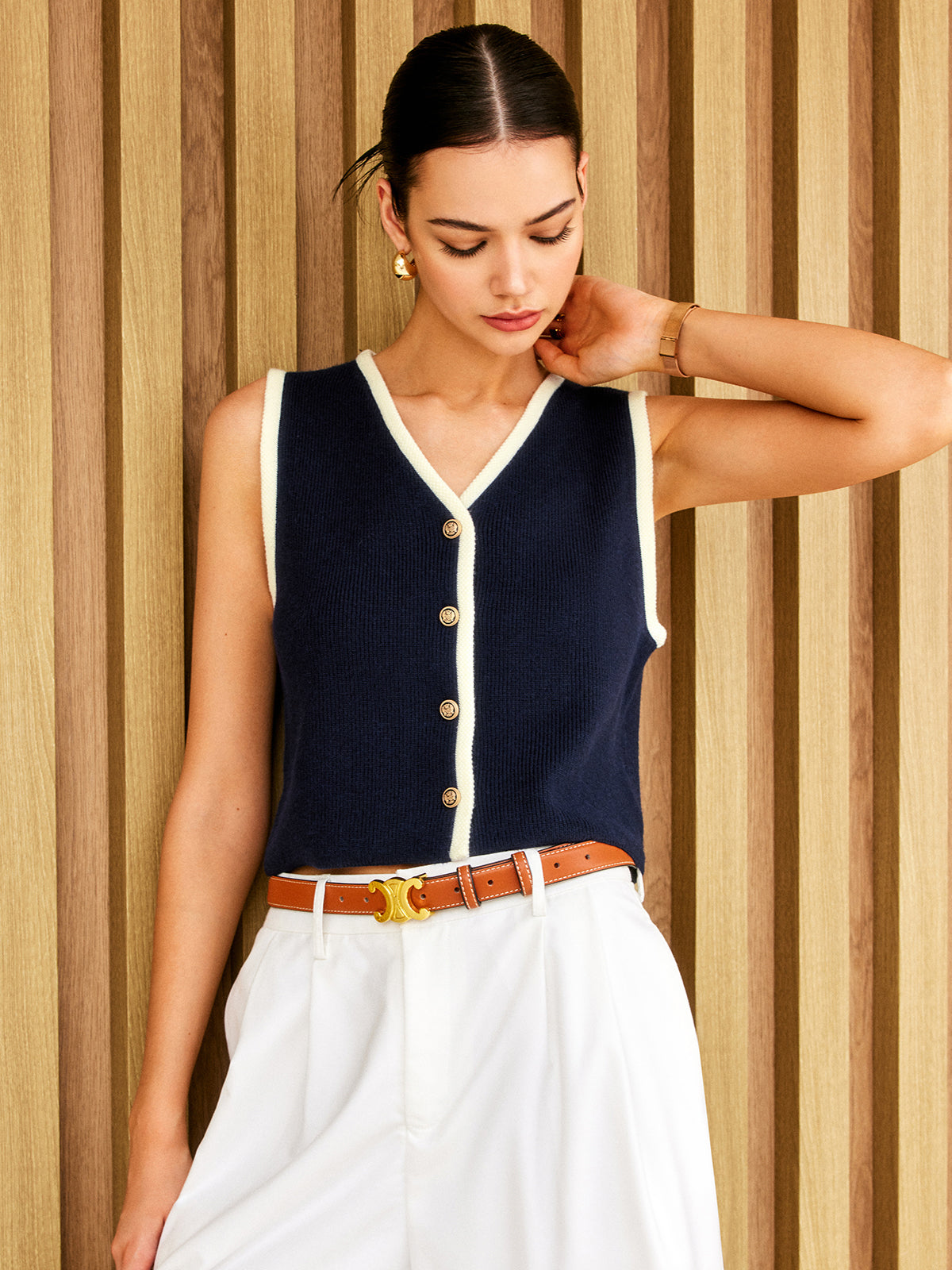 Contrast Binding Golden Button Sweater Vest