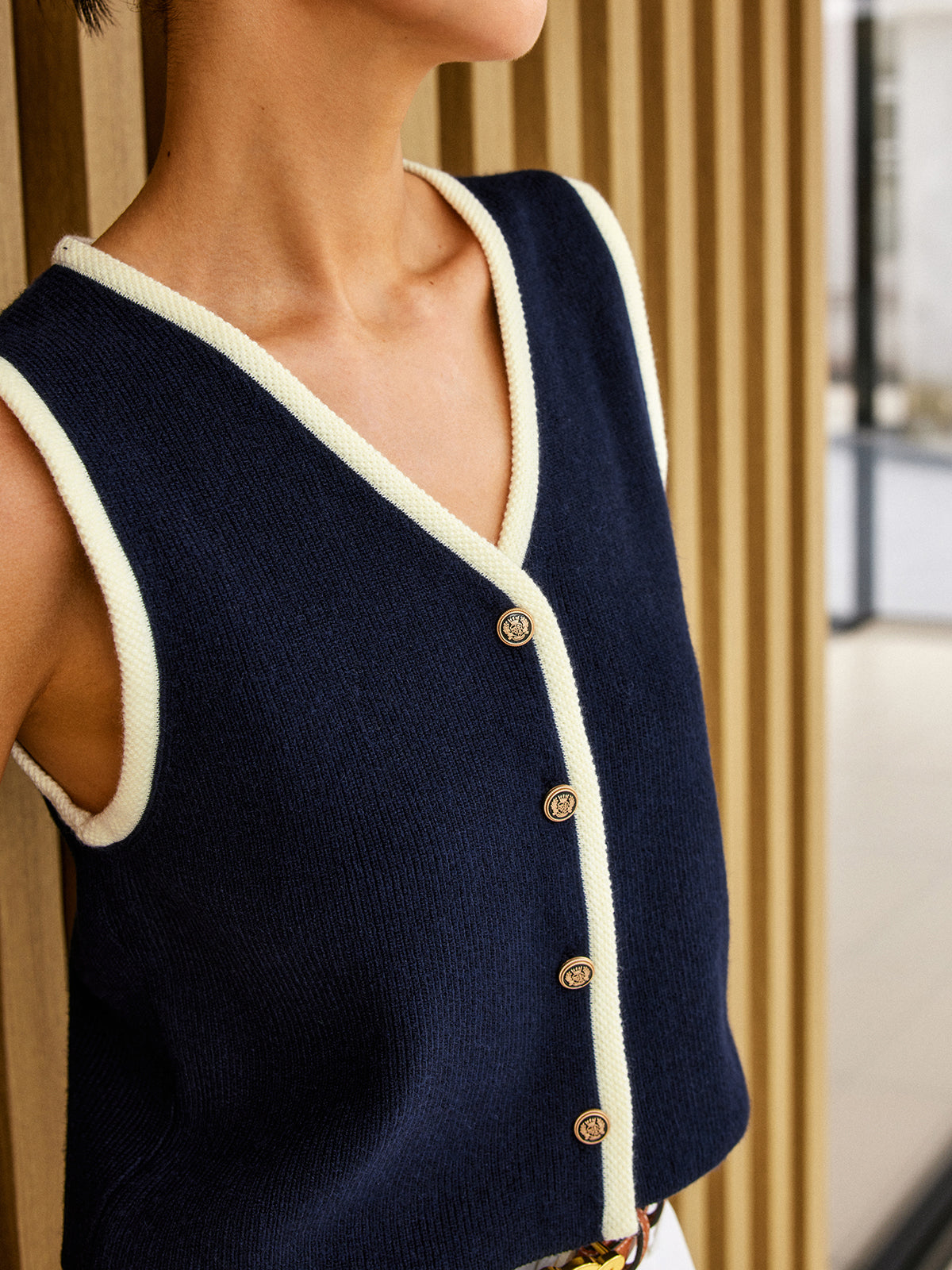 Contrast Binding Golden Button Sweater Vest