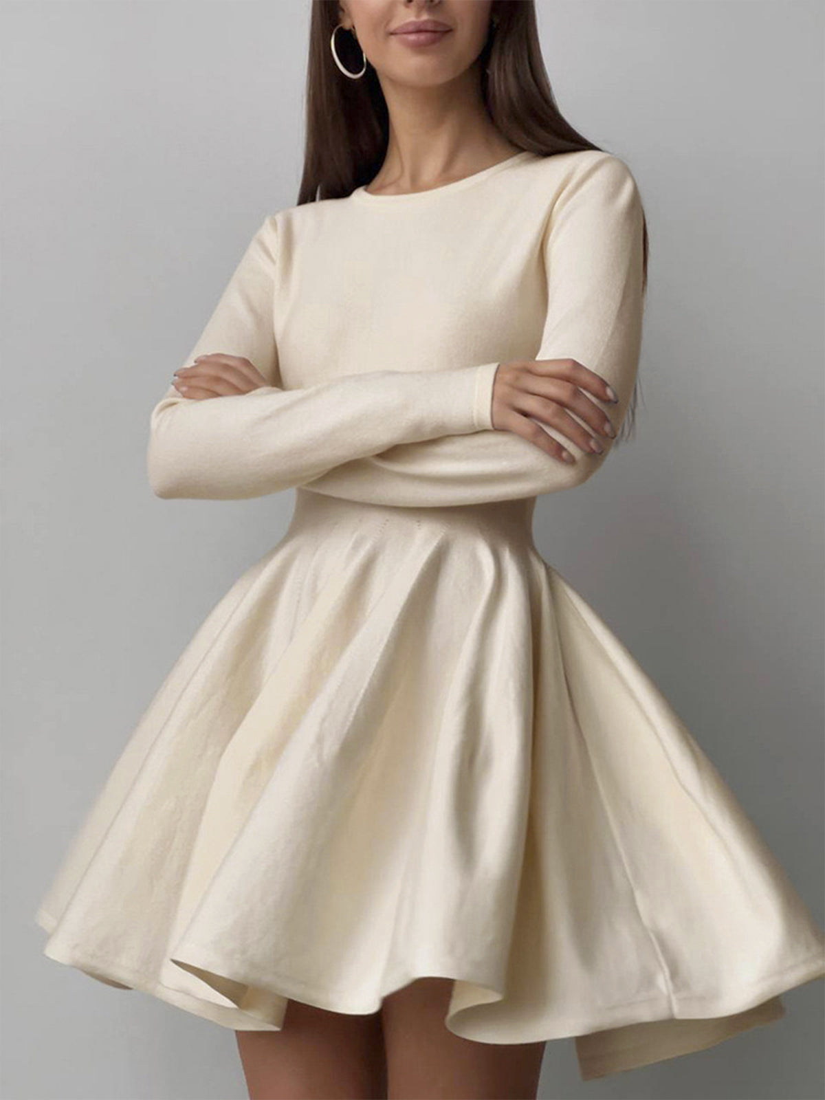 Plain Pleated Sweater Short Dress