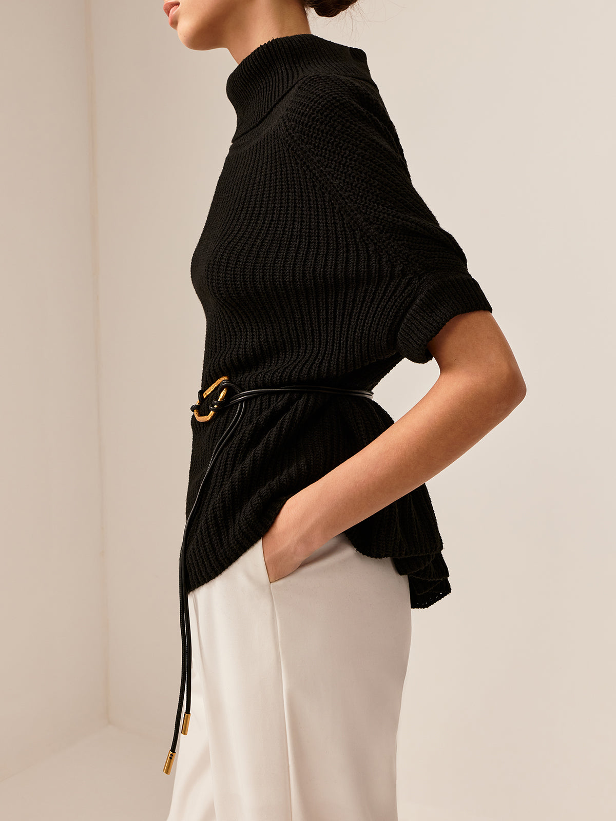 Turtleneck Half-Sleeve Sweater Without Belt