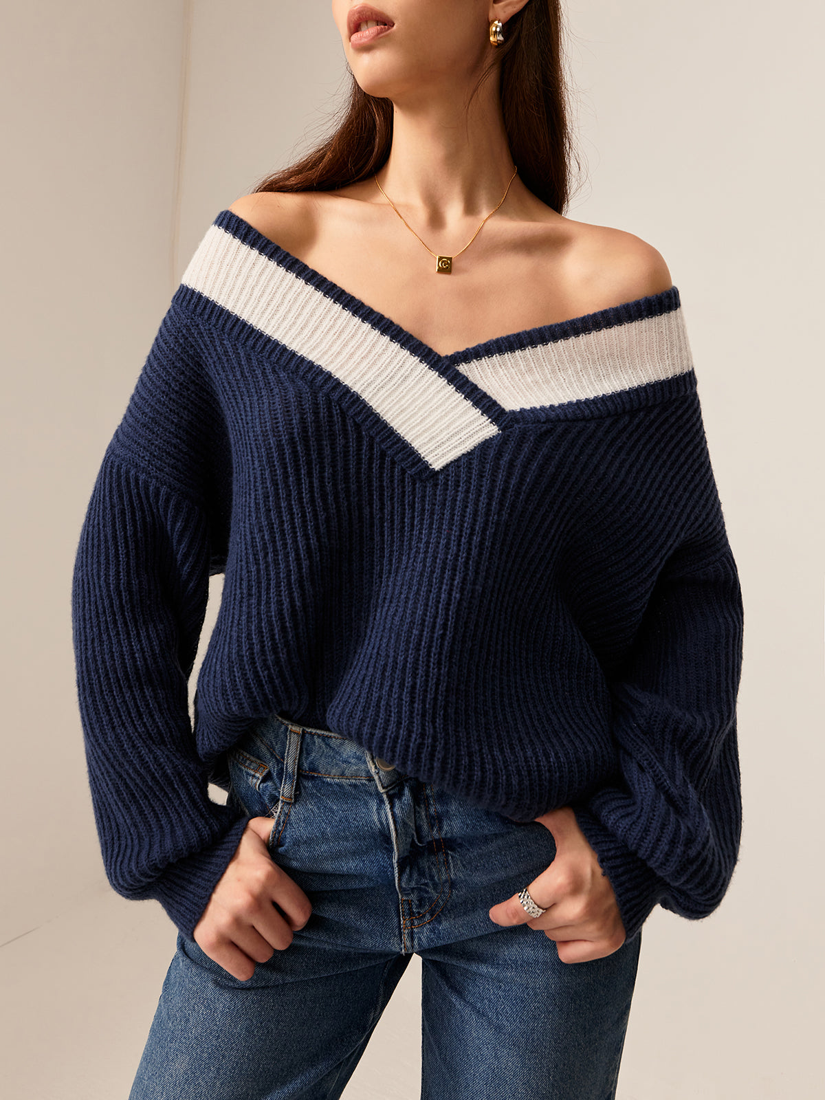 Contrast Binding Off-Shoulder Sweater