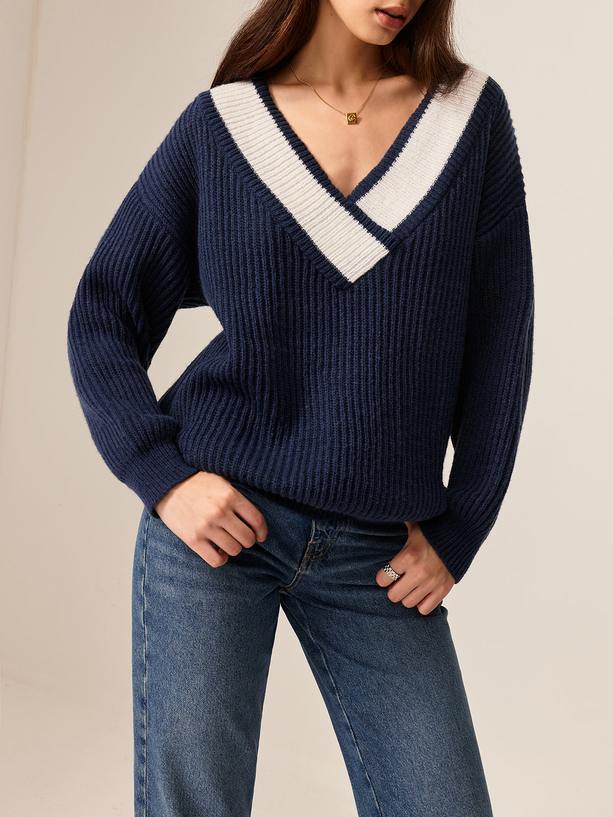 Contrast Binding Off-Shoulder Sweater