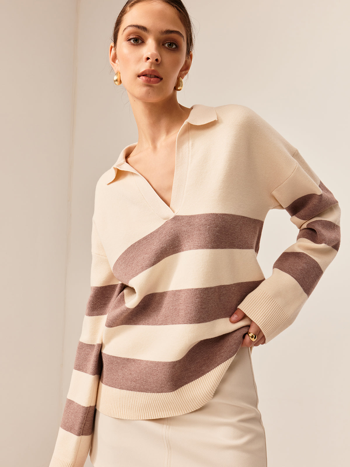 Two Tone Striped Polo Sweater