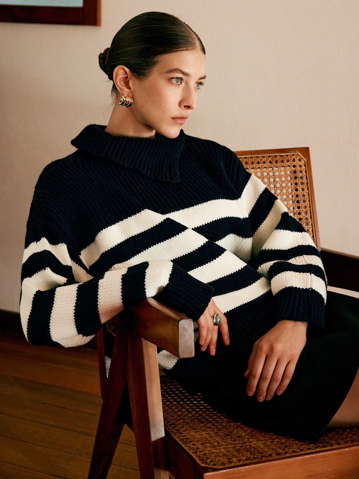 Wool-Blend Turtleneck Striped Sweater