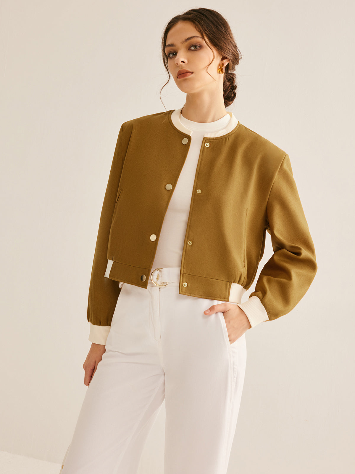 Oversized Crew Neck Contrast Trim Button Jacket