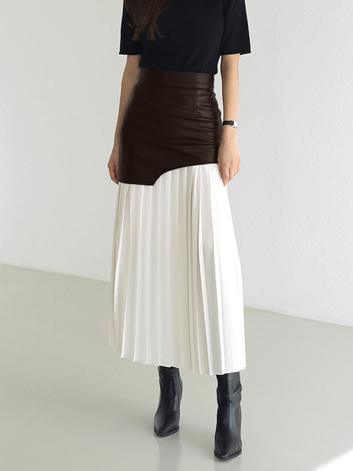 Asymmetric Patchwork Faux Leather Chiffon Pleated Midi Skirt