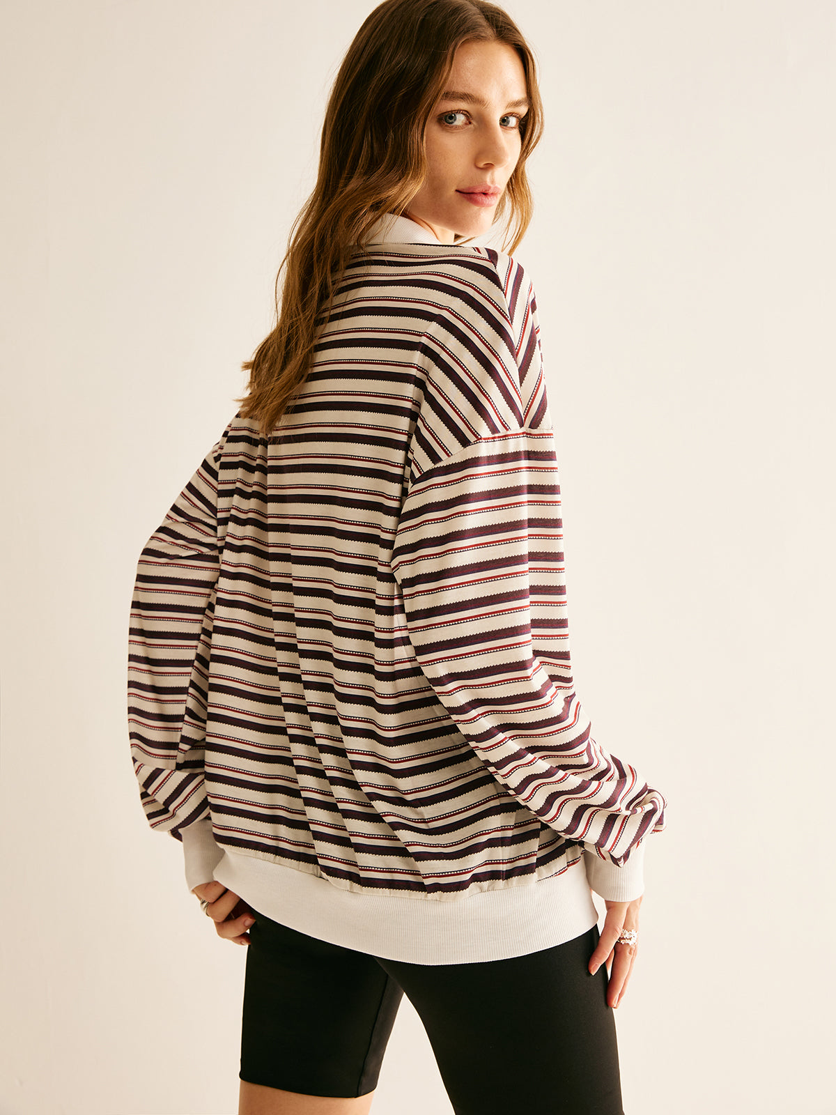 Contrast Trim Striped Polo Sweatshirt