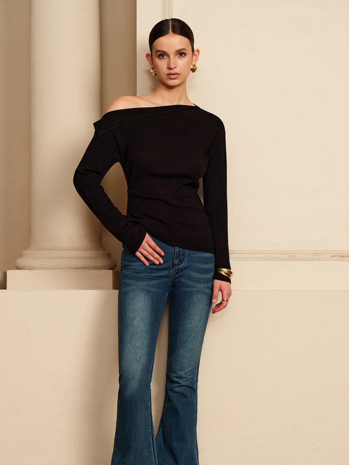 Asymmetrical Pleated Stretch T-Shirt