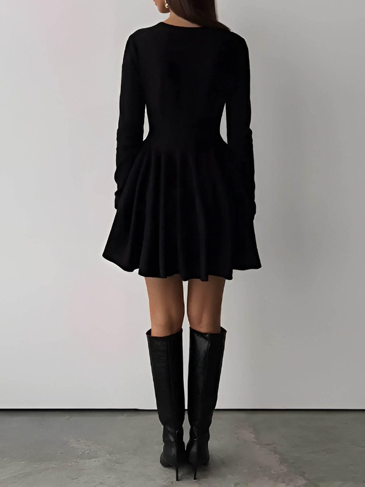 Plain Pleated Sweater Short Dress