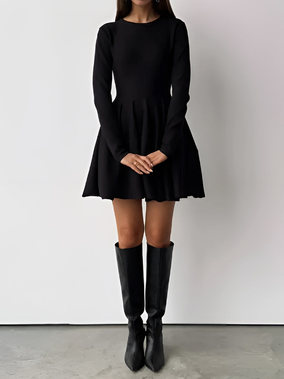 Plain Pleated Sweater Short Dress