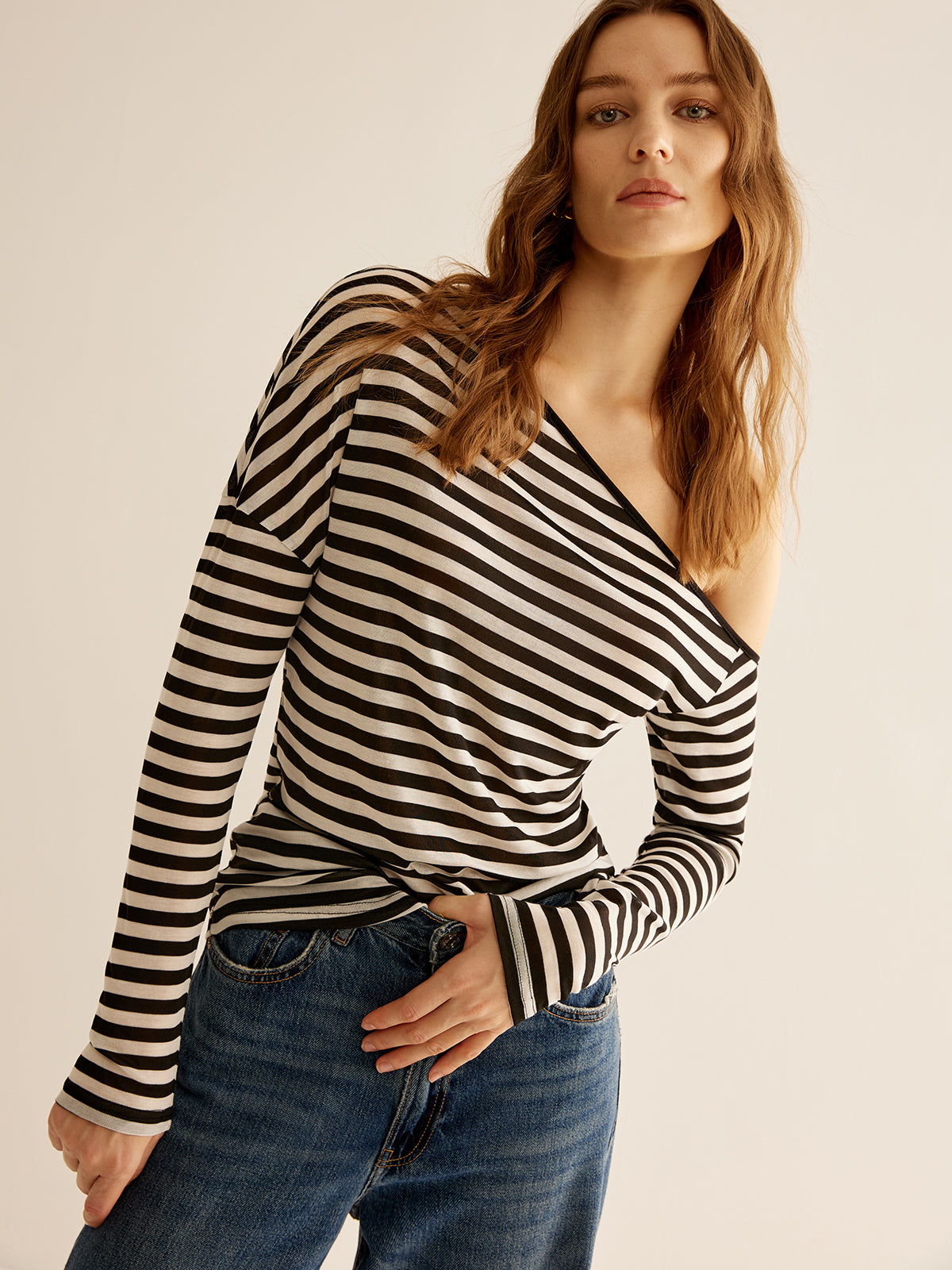 Asymmetrical Collar Striped T-Shirt