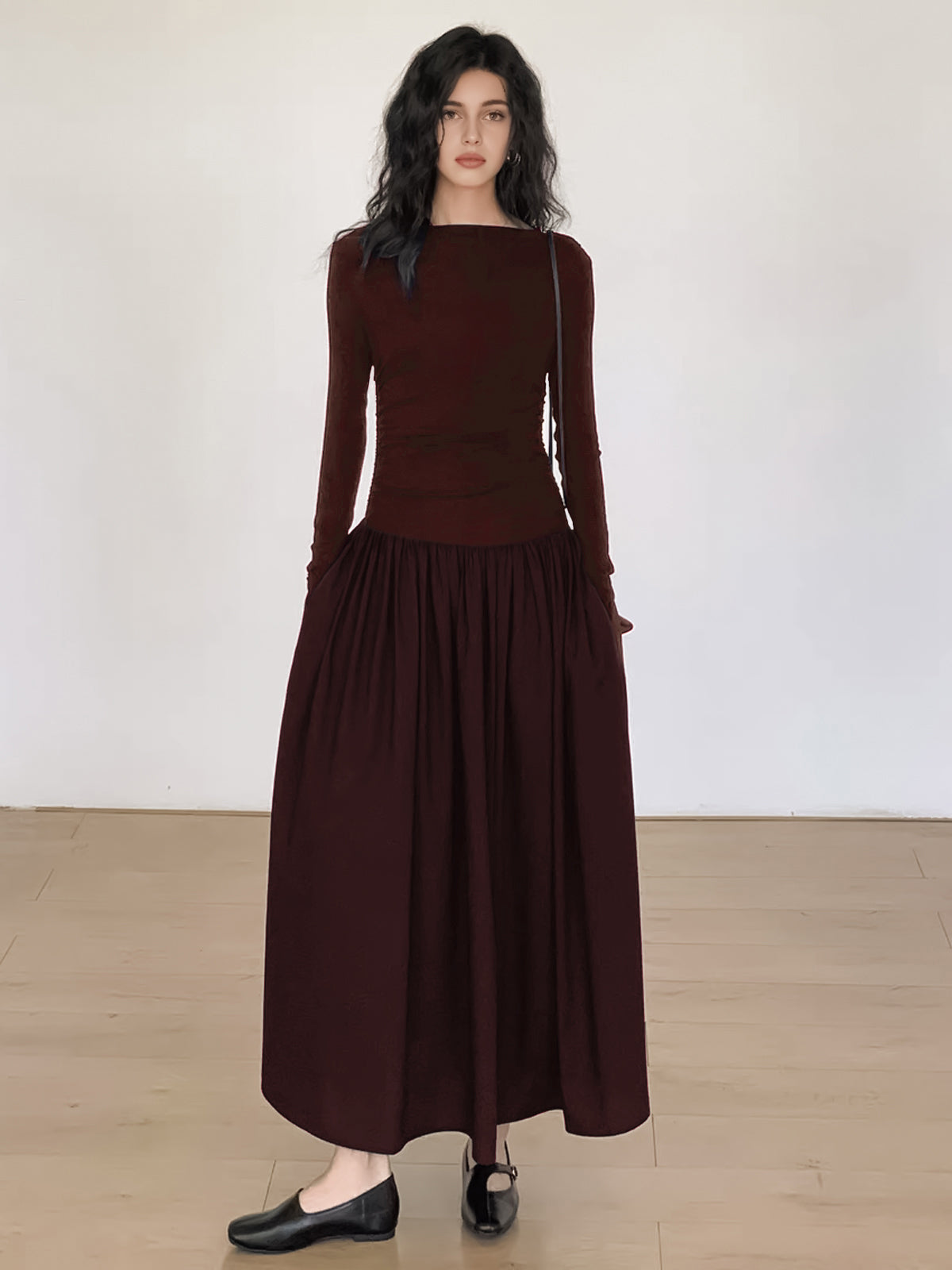 Pleated Patchwork Knit Long Sleeve Midi Dress