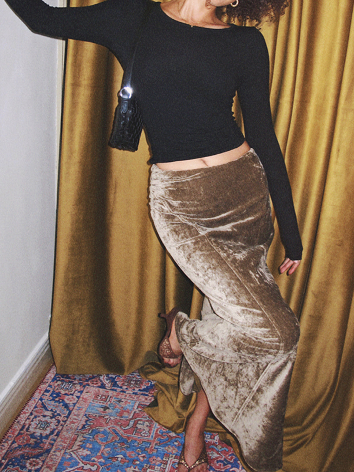 Pleated Velvet Maxi Skirt