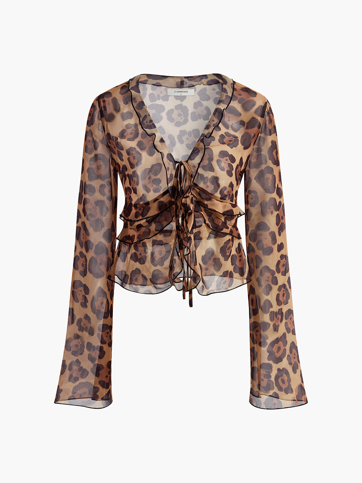 Leopard Print Semi-Sheer Ruffle V-Neck Blouse