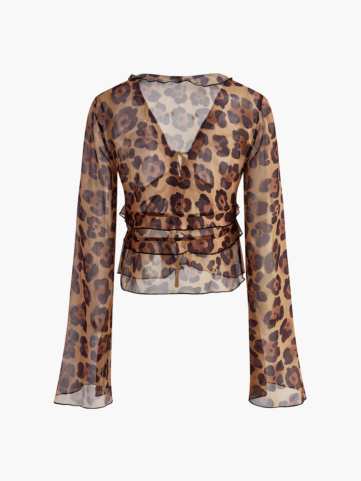 Leopard Print Semi-Sheer Ruffle V-Neck Blouse