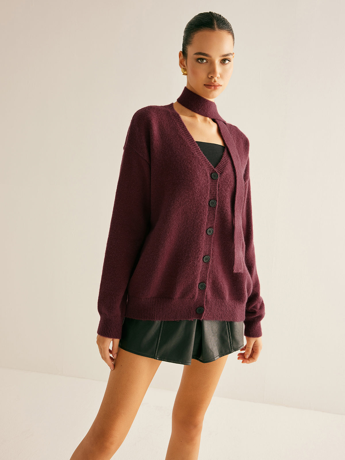 V-Neck Button Knit Outerwear With Matching Scarf