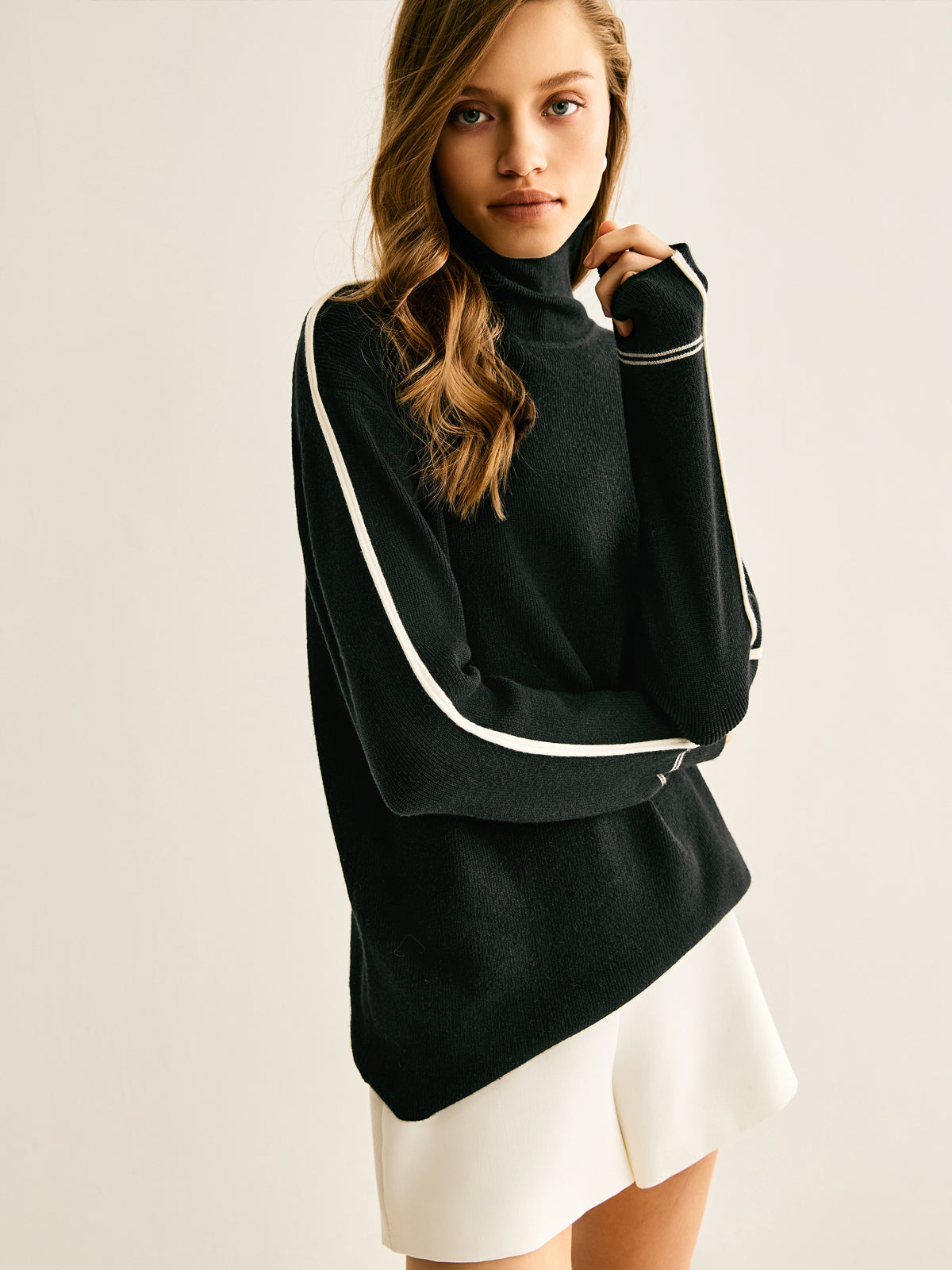 Side Contrast-Striped Turtleneck Sweater